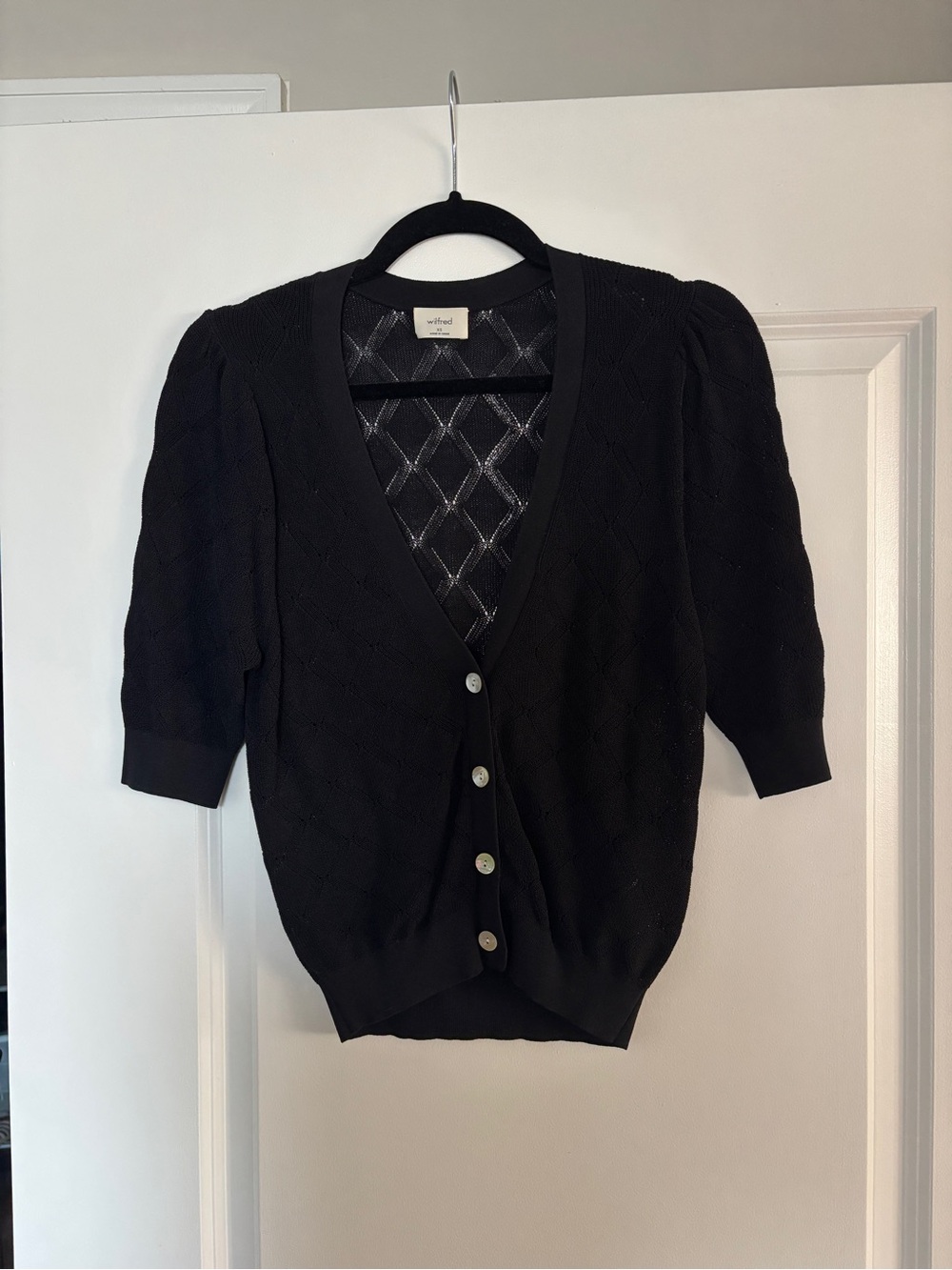 Aritzia Black V-Neck Button Front Puff Sleeve Cardigan